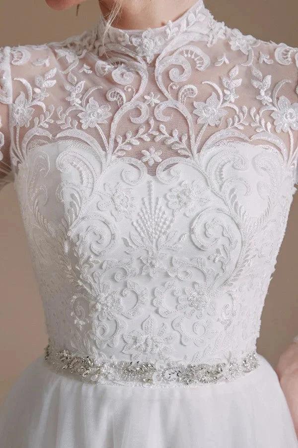 Modest Long A-line High Neck Tulle Lace Wedding Dresses with Sleeves by BIZTUNNEL