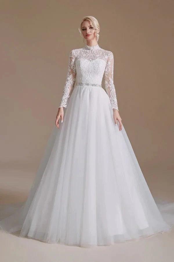 Modest Long A-line High Neck Tulle Lace Wedding Dresses with Sleeves by BIZTUNNEL
