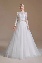 Modest Long A-line High Neck Tulle Lace Wedding Dresses with Sleeves by BIZTUNNEL