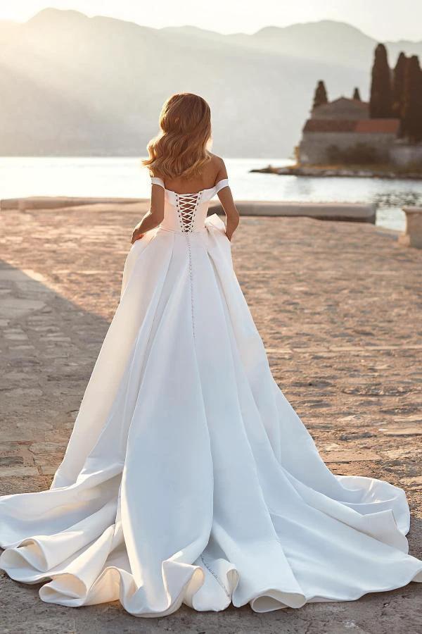 Modest Long A-line off the Shoulder Ruched Satin Wedding Dress with Crystals by BIZTUNNEL
