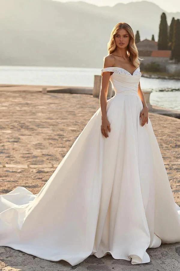 Modest Long A-line off the Shoulder Ruched Satin Wedding Dress with Crystals by BIZTUNNEL