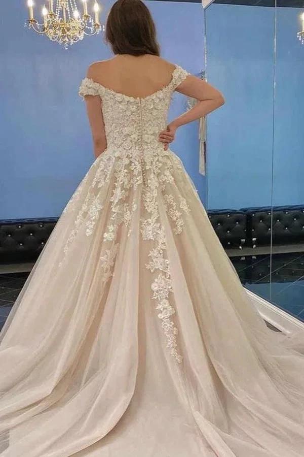 Modest Long A-line Off-the-Shoulder Tulle Lace Wedding Dress by BIZTUNNEL