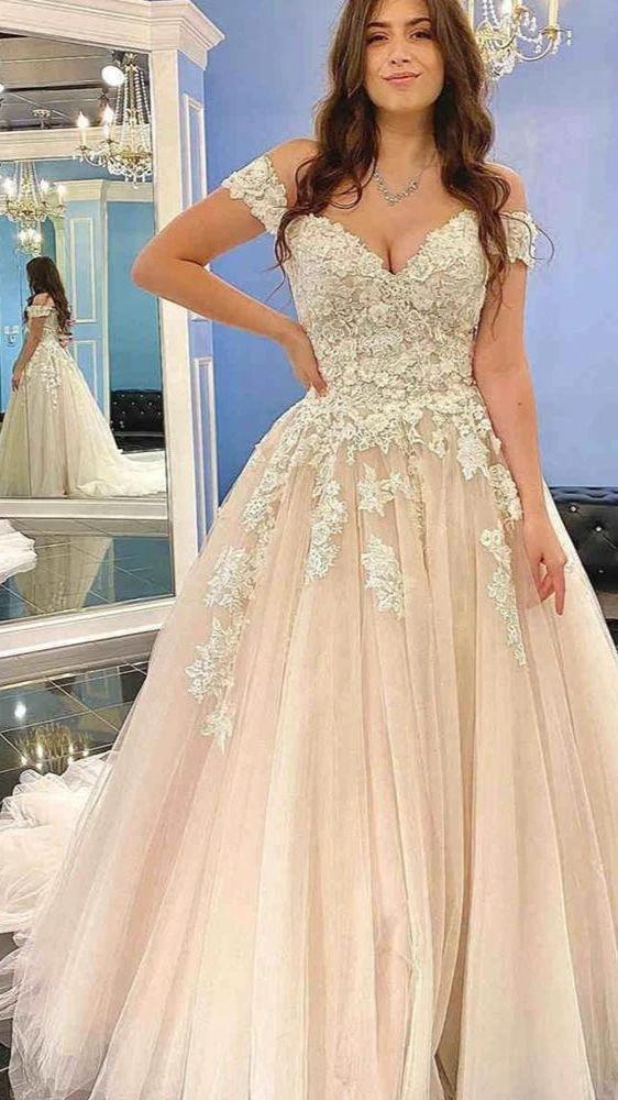 Modest Long A-line Off-the-Shoulder Tulle Lace Wedding Dress by BIZTUNNEL