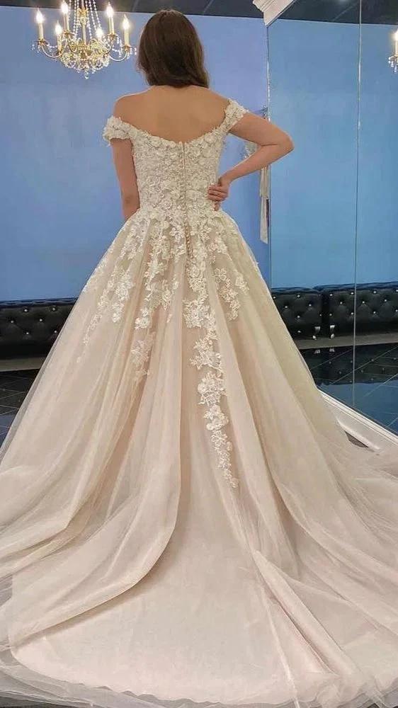 Modest Long A-line Off-the-Shoulder Tulle Lace Wedding Dress by BIZTUNNEL