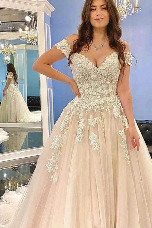 Modest Long A-line Off-the-Shoulder Tulle Lace Wedding Dress by BIZTUNNEL