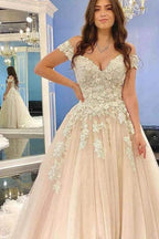 Modest Long A-line Off-the-Shoulder Tulle Lace Wedding Dress by BIZTUNNEL