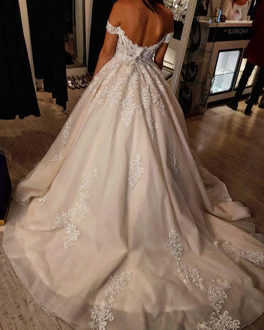 Modest Long A-line Off-the-shoulder Tulle Princess Wedding Dress with Lace