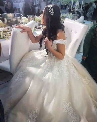 Modest Long A-line Off-the-shoulder Tulle Princess Wedding Dress with Lace