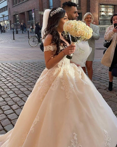 Modest Long A-line Off-the-shoulder Tulle Princess Wedding Dress with Lace