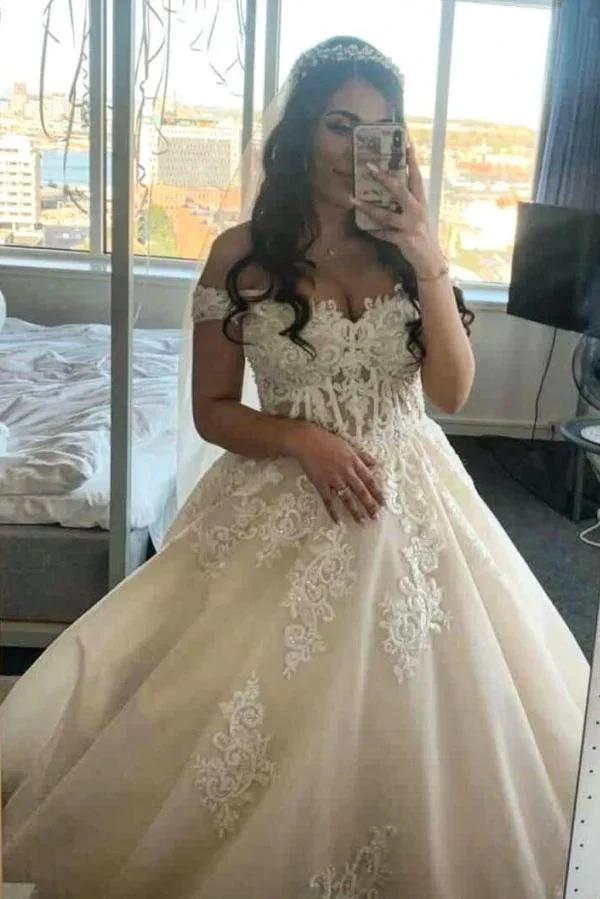 Modest Long A-line Off-the-shoulder Tulle Princess Wedding Dress with Lace by BIZTUNNEL
