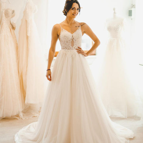 Modest Long A-line Spaghetti Straps Tulle Backless Wedding Dress