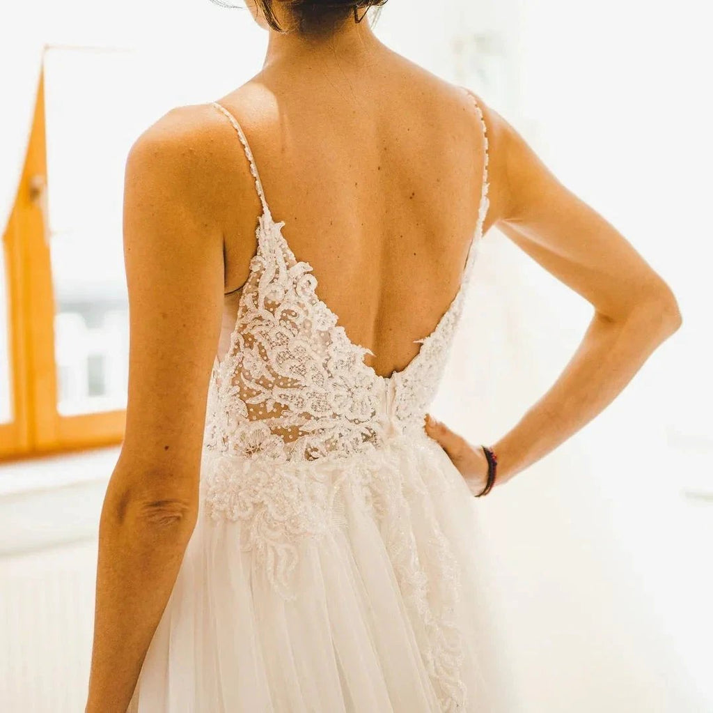 Modest Long A-line Spaghetti Straps Tulle Backless Wedding Dress by BIZTUNNEL