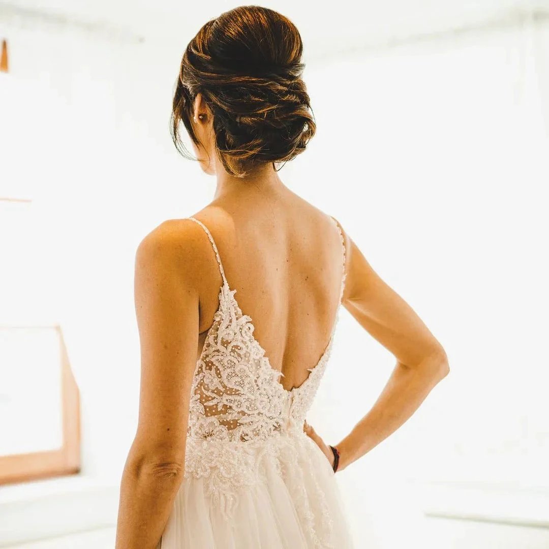 Modest Long A-line Spaghetti Straps Tulle Backless Wedding Dress by BIZTUNNEL