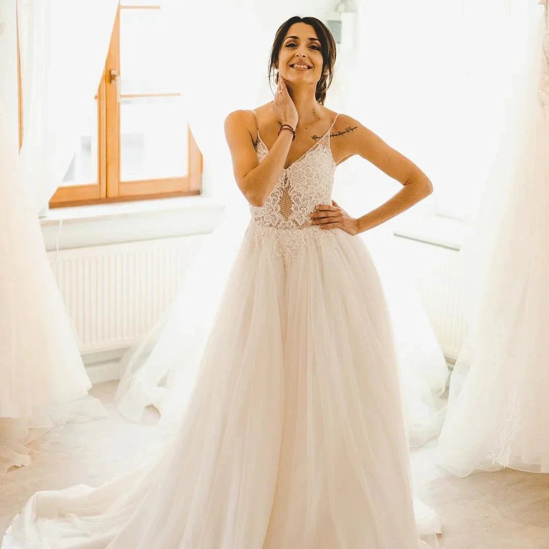Modest Long A-line Spaghetti Straps Tulle Backless Wedding Dress by BIZTUNNEL