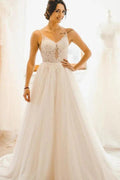 Modest Long A-line Spaghetti Straps Tulle Backless Wedding Dress by BIZTUNNEL