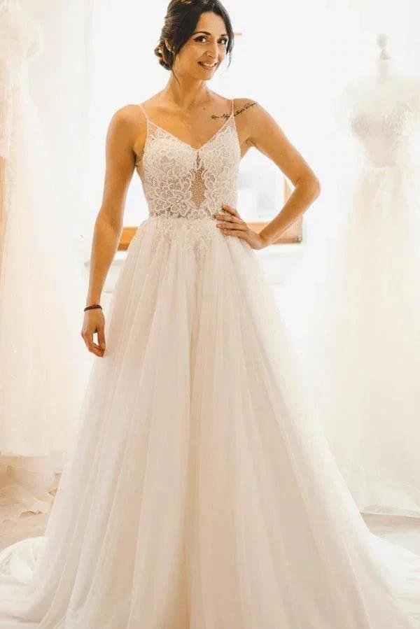 Modest Long A-line Spaghetti Straps Tulle Backless Wedding Dress by BIZTUNNEL