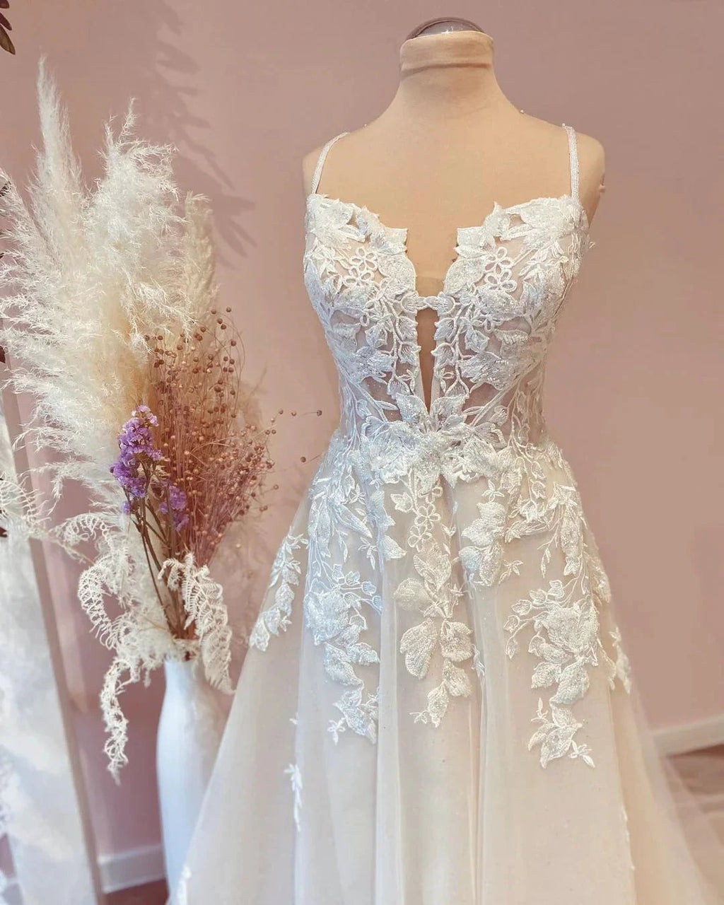 Modest Long A-line Spaghetti Straps Tulle Wedding Dress with Appliques Lace by BIZTUNNEL