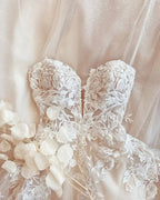 Modest Long A-line Spaghetti Straps Tulle Wedding Dress with Appliques Lace by BIZTUNNEL