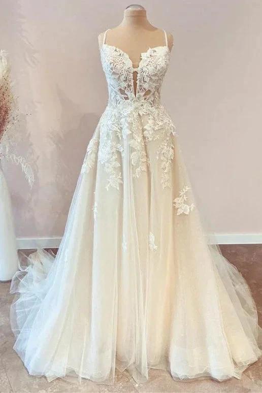 Modest Long A-line Spaghetti Straps Tulle Wedding Dress with Appliques Lace by BIZTUNNEL