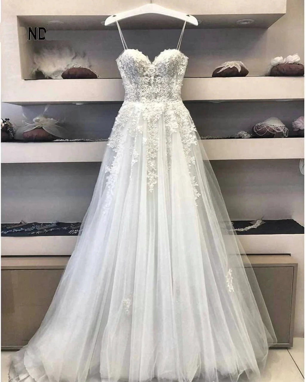 Modest Long A Line Sweetheart Lace Tulle Wedding Dress by BIZTUNNEL