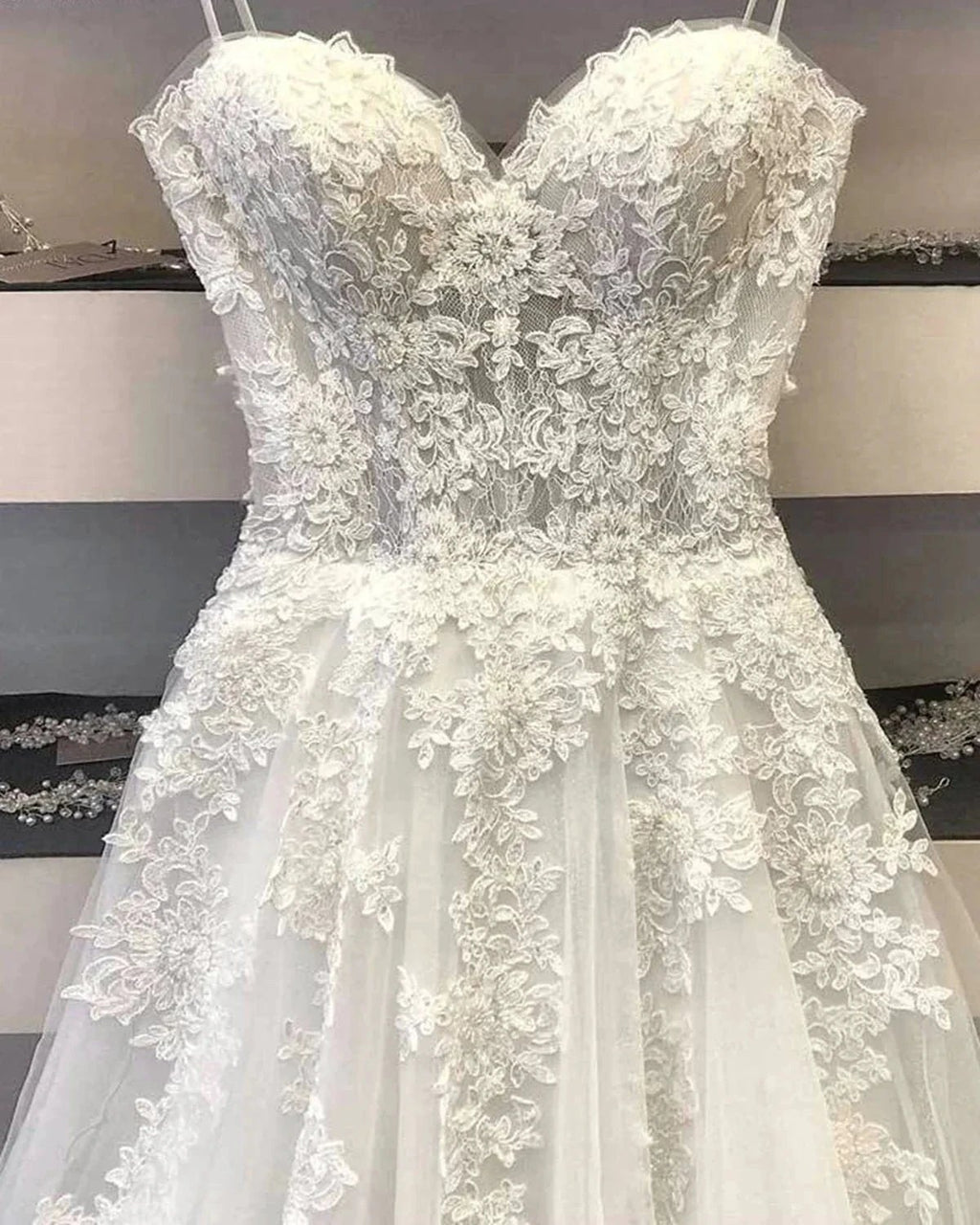 Modest Long A Line Sweetheart Lace Tulle Wedding Dress by BIZTUNNEL