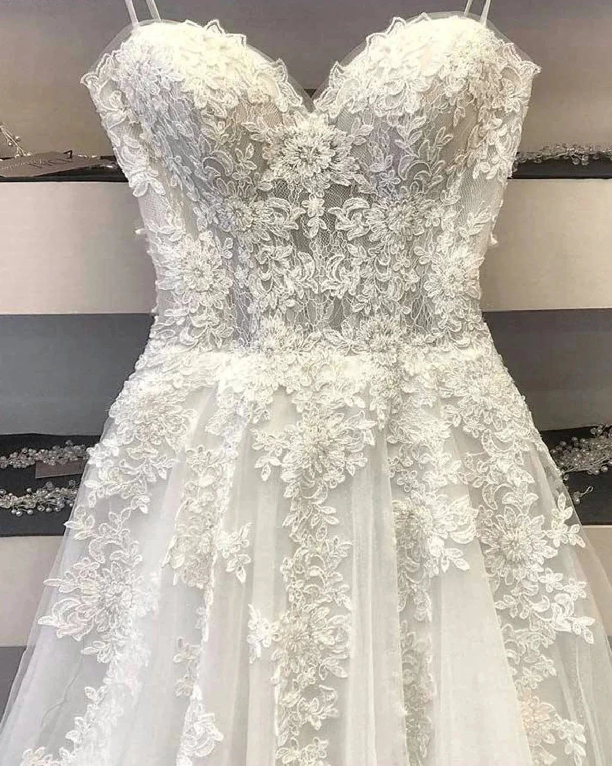 Modest Long A Line Sweetheart Lace Tulle Wedding Dress by BIZTUNNEL