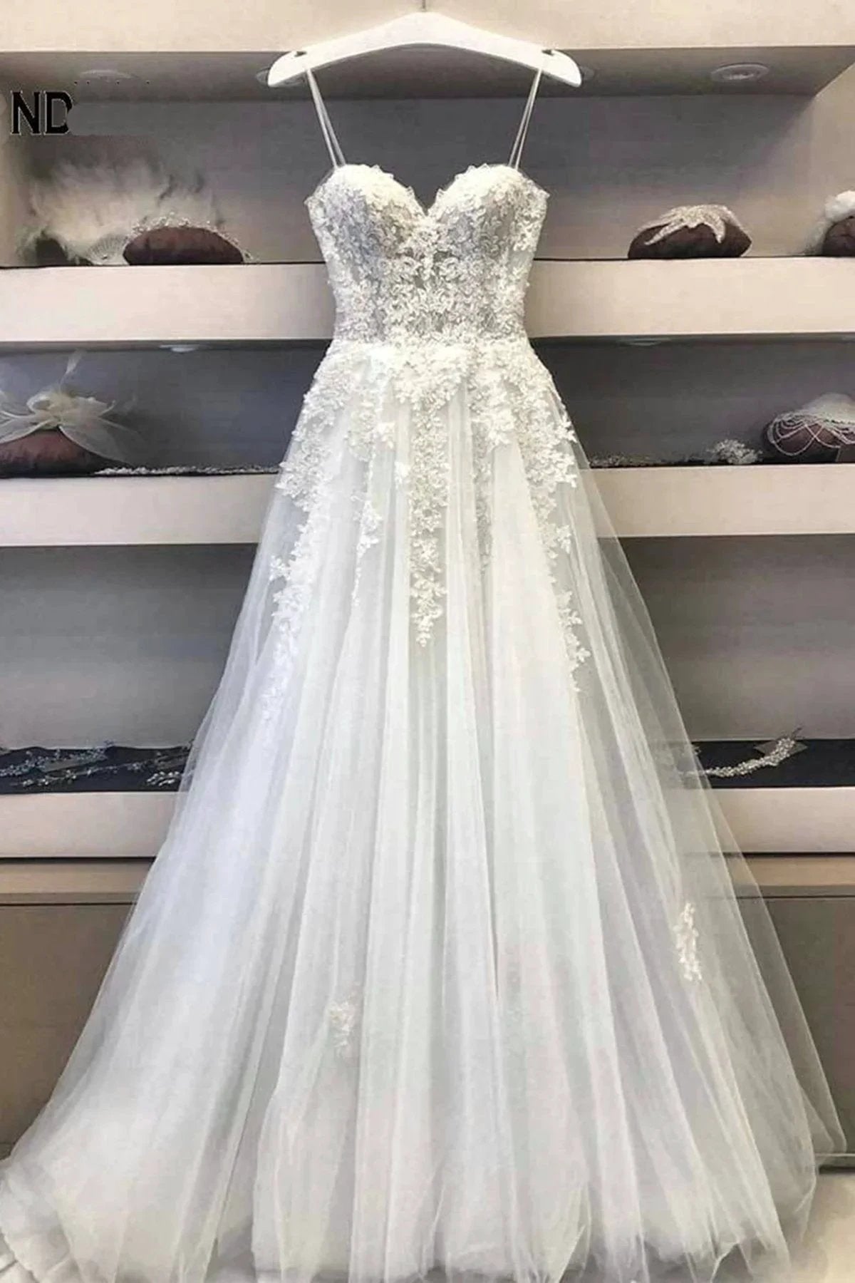 Modest Long A Line Sweetheart Lace Tulle Wedding Dress by BIZTUNNEL