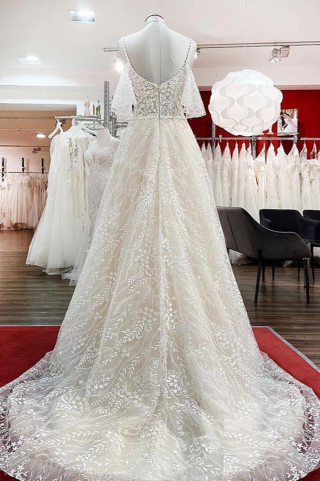 Modest Long A-line Sweetheart Tulle Lace Appliques Wedding Dress with Sleeves by BIZTUNNEL