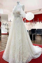 Modest Long A-line Sweetheart Tulle Lace Appliques Wedding Dress with Sleeves by BIZTUNNEL