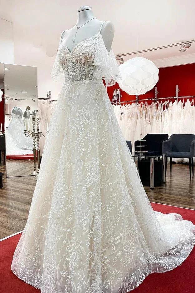 Modest Long A-line Sweetheart Tulle Lace Appliques Wedding Dress with Sleeves by BIZTUNNEL
