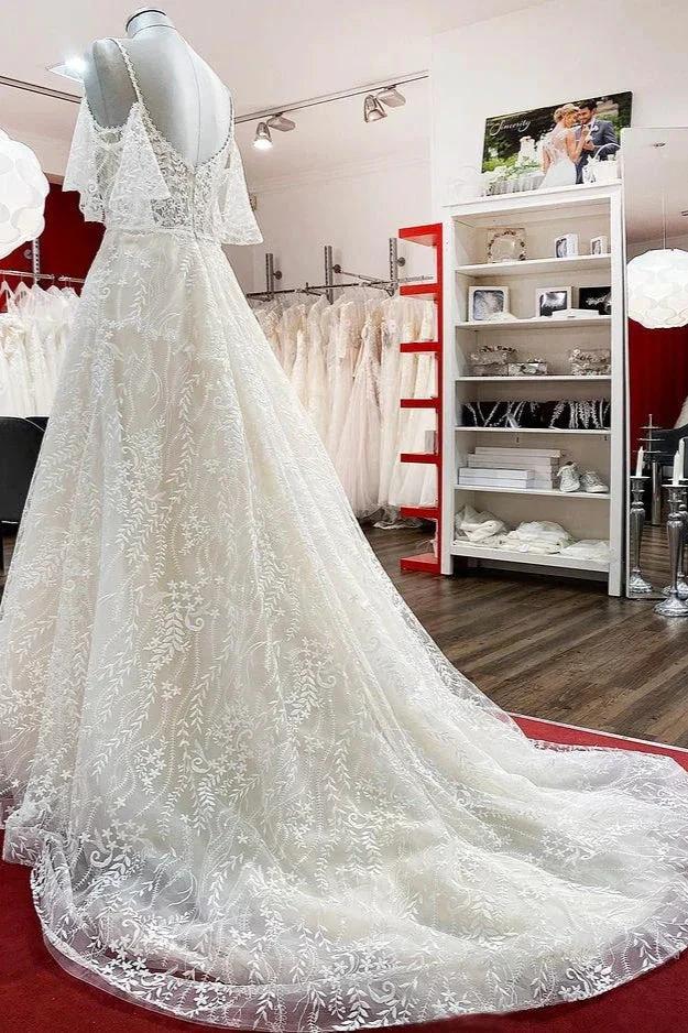 Modest Long A-line Sweetheart Tulle Lace Appliques Wedding Dress with Sleeves by BIZTUNNEL