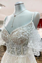 Modest Long A-line Sweetheart Tulle Lace Appliques Wedding Dress with Sleeves by BIZTUNNEL