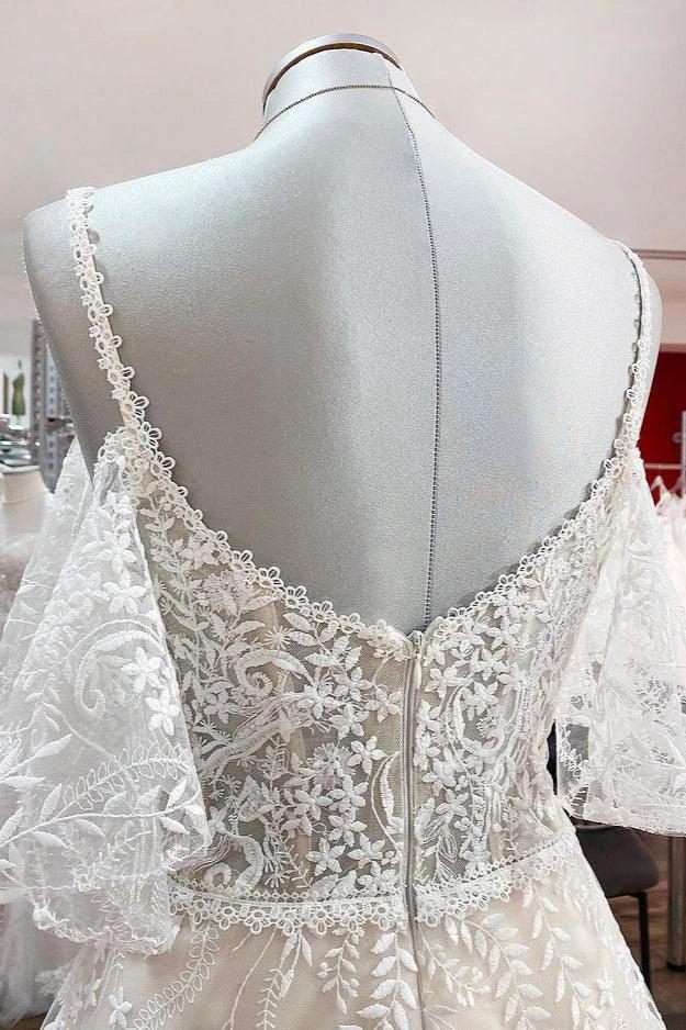 Modest Long A-line Sweetheart Tulle Lace Appliques Wedding Dress with Sleeves by BIZTUNNEL