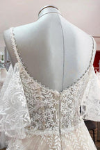 Modest Long A-line Sweetheart Tulle Lace Appliques Wedding Dress with Sleeves by BIZTUNNEL