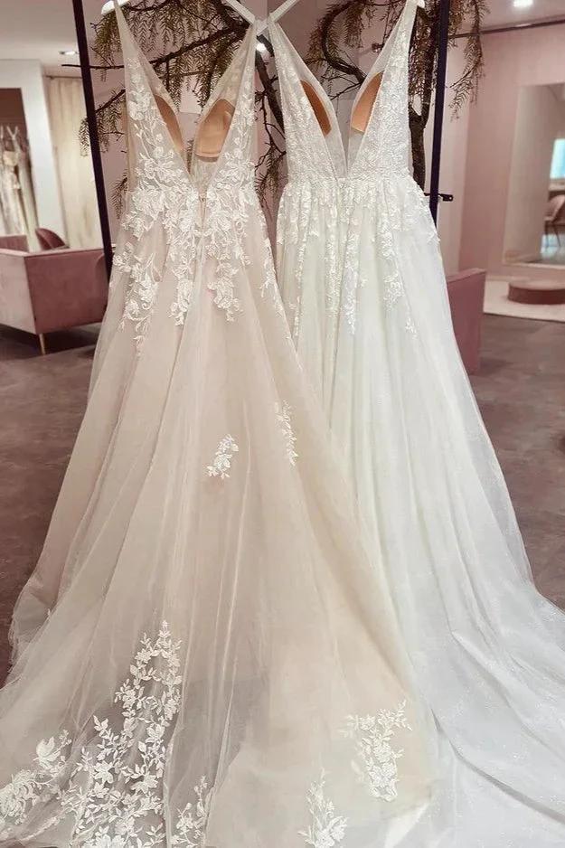 Modest Long A-line V-neck Backless Tulle Lace Wedding Dress by BIZTUNNEL