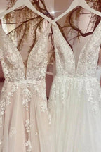 Modest Long A-line V-neck Backless Tulle Lace Wedding Dress by BIZTUNNEL