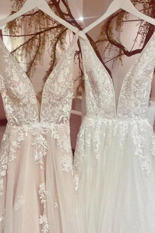 Modest Long A-line V-neck Backless Tulle Lace Wedding Dress by BIZTUNNEL
