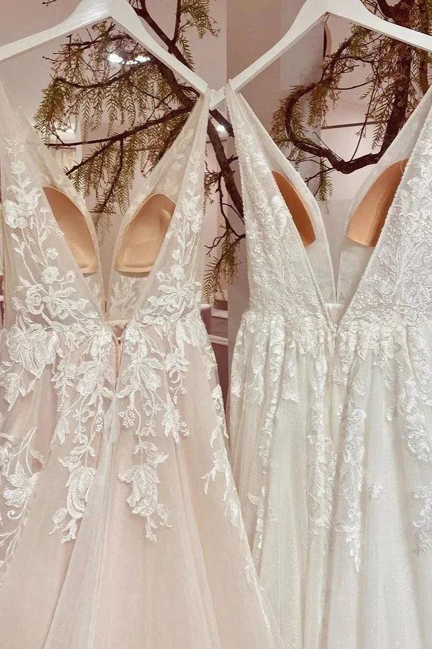 Modest Long A-line V-neck Backless Tulle Lace Wedding Dress by BIZTUNNEL