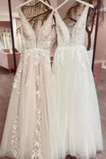 Modest Long A-line V-neck Backless Tulle Lace Wedding Dress by BIZTUNNEL
