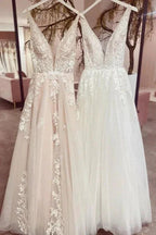 Modest Long A-line V-neck Backless Tulle Lace Wedding Dress by BIZTUNNEL