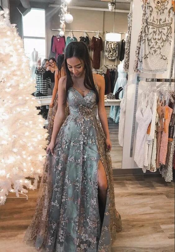 Modest Long A-line V-neck Open Back Tulle Prom Dress with slit by BIZTUNNEL