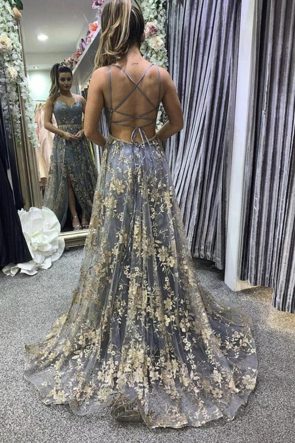 Modest Long A-line V-neck Open Back Tulle Prom Dress with slit by BIZTUNNEL