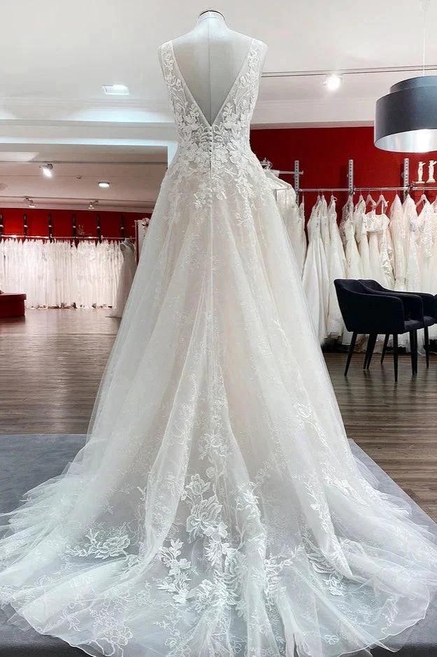 Modest Long A-line V-neck Open Back Tulle Wedding Dress with Appliques Lace by BIZTUNNEL