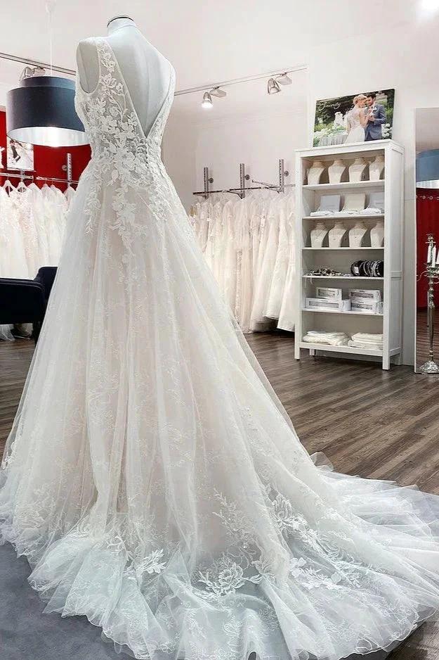 Modest Long A-line V-neck Open Back Tulle Wedding Dress with Appliques Lace by BIZTUNNEL