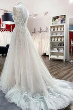 Modest Long A-line V-neck Open Back Tulle Wedding Dress with Appliques Lace by BIZTUNNEL