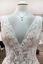 Modest Long A-line V-neck Open Back Tulle Wedding Dress with Appliques Lace by BIZTUNNEL