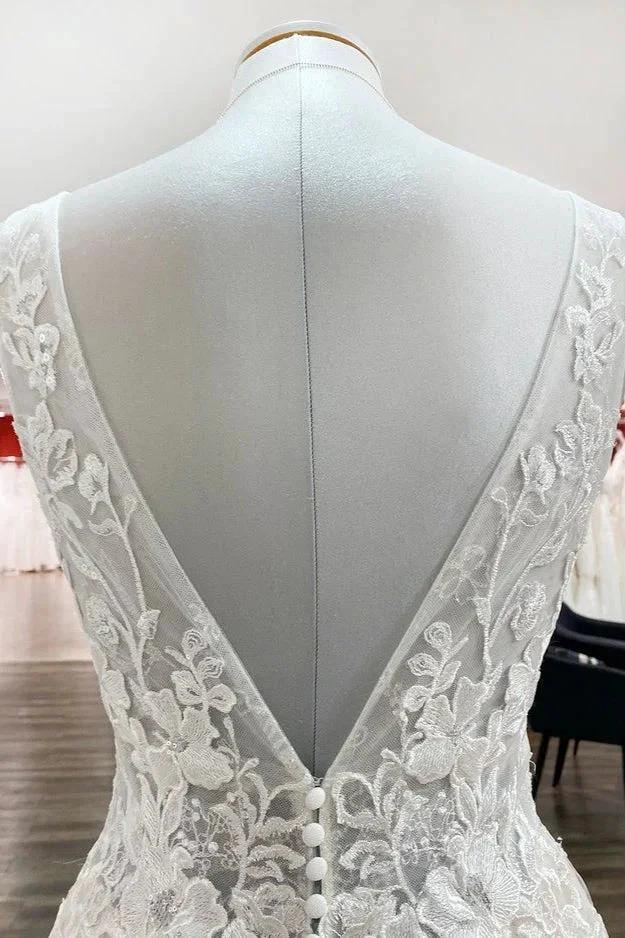 Modest Long A-line V-neck Open Back Tulle Wedding Dress with Appliques Lace by BIZTUNNEL