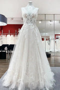 Modest Long A-line V-neck Open Back Tulle Wedding Dress with Appliques Lace by BIZTUNNEL