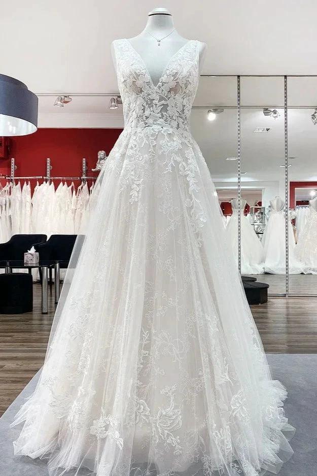 Modest Long A-line V-neck Open Back Tulle Wedding Dress with Appliques Lace by BIZTUNNEL