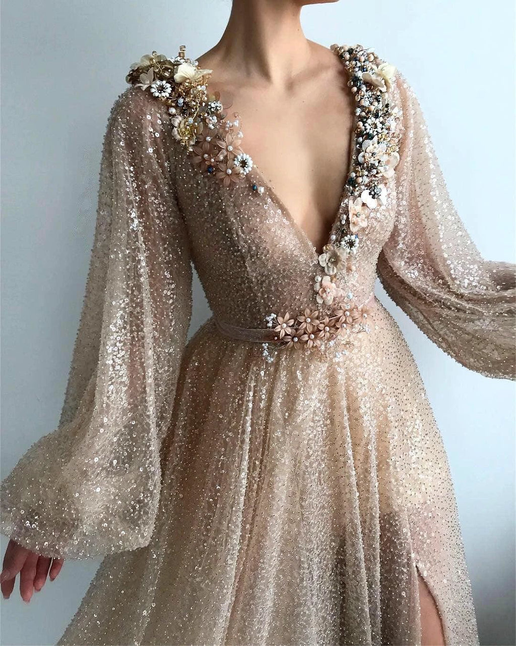 Modest Long A-line V-neck Sequined Prom Dress with Slit by BIZTUNNEL